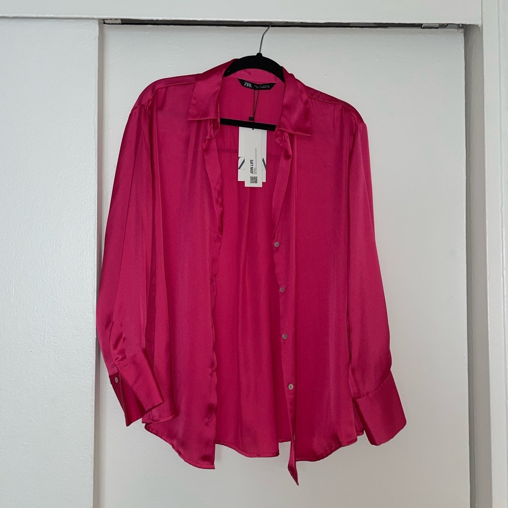Fuchsia Zara Satin Button Down